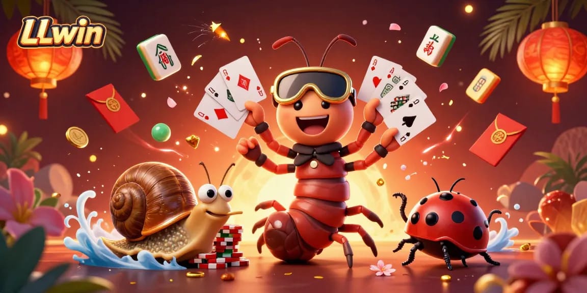 LLwin features a lively casino scene with a dealer and high-rollers amidst floating slot elements, showcasing excitement.