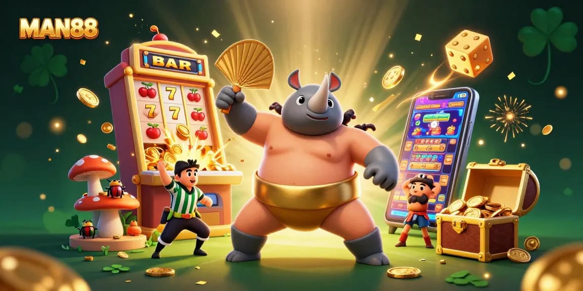 MAN88 features a cartoon rhinoceros beetle champion amidst slot machines and casino fun.