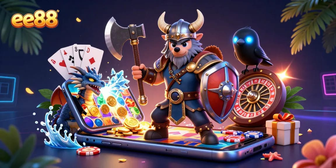 Spin and win with ee88 in a vibrant 3D casino scene featuring wolves, dragons, and slot games.