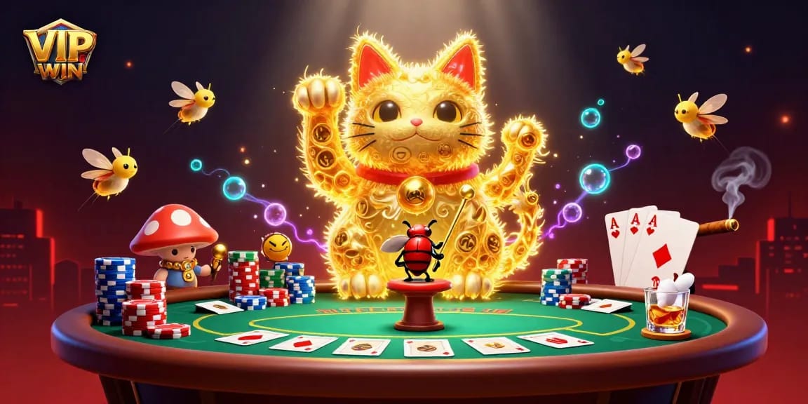 Experience a dynamic VIPWIN casino scene with colorful poker elements and a giant lucky cat illustration.
