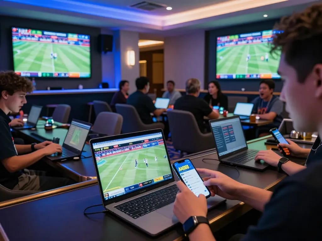 AA888 bettors engaging in live sports betting in a dynamic casino lounge, showcasing a thrilling atmosphere.