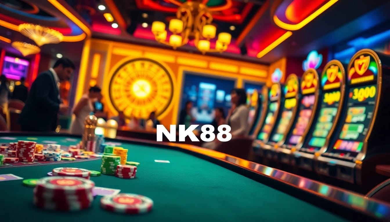 Experience the excitement of NK88 with dynamic casino scenes, featuring vibrant gaming tables and slot machines.