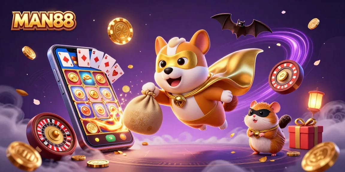 Experience MAN88 casino thrills with a superhero dog and hamster amidst dynamic gaming excitement.