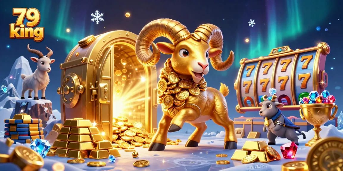 Engage with 79 king's thrilling jackpot slots as a golden ram charges through a cascade of shimmering coins and gems.