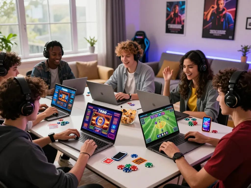 Engaging scene of friends enjoying TR88 online gaming on laptops and mobile devices in a lively home setting.