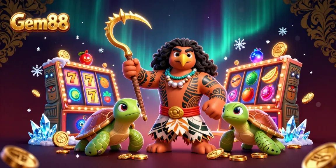 Play slots and win at Gem88 with a hawk and turtle in a vibrant casino scene.
