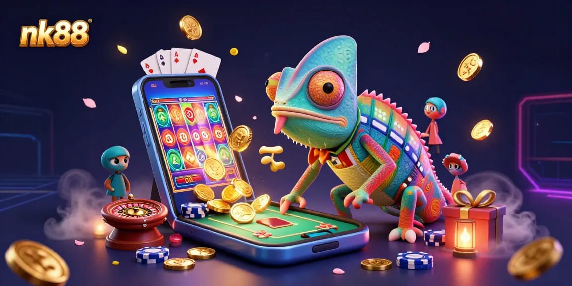 nk88 chameleon casino owner catching golden coins with vibrant slot games and poker elements