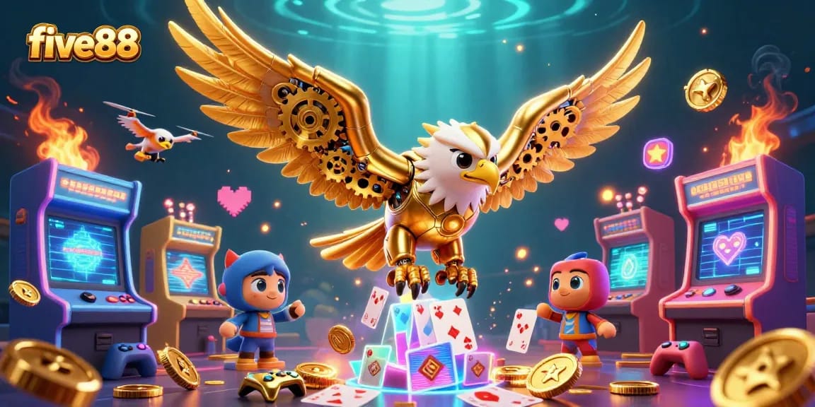 Experience thrilling action with five88 in a vibrant casino scene featuring a cybernetic golden eagle amidst holographic cards.