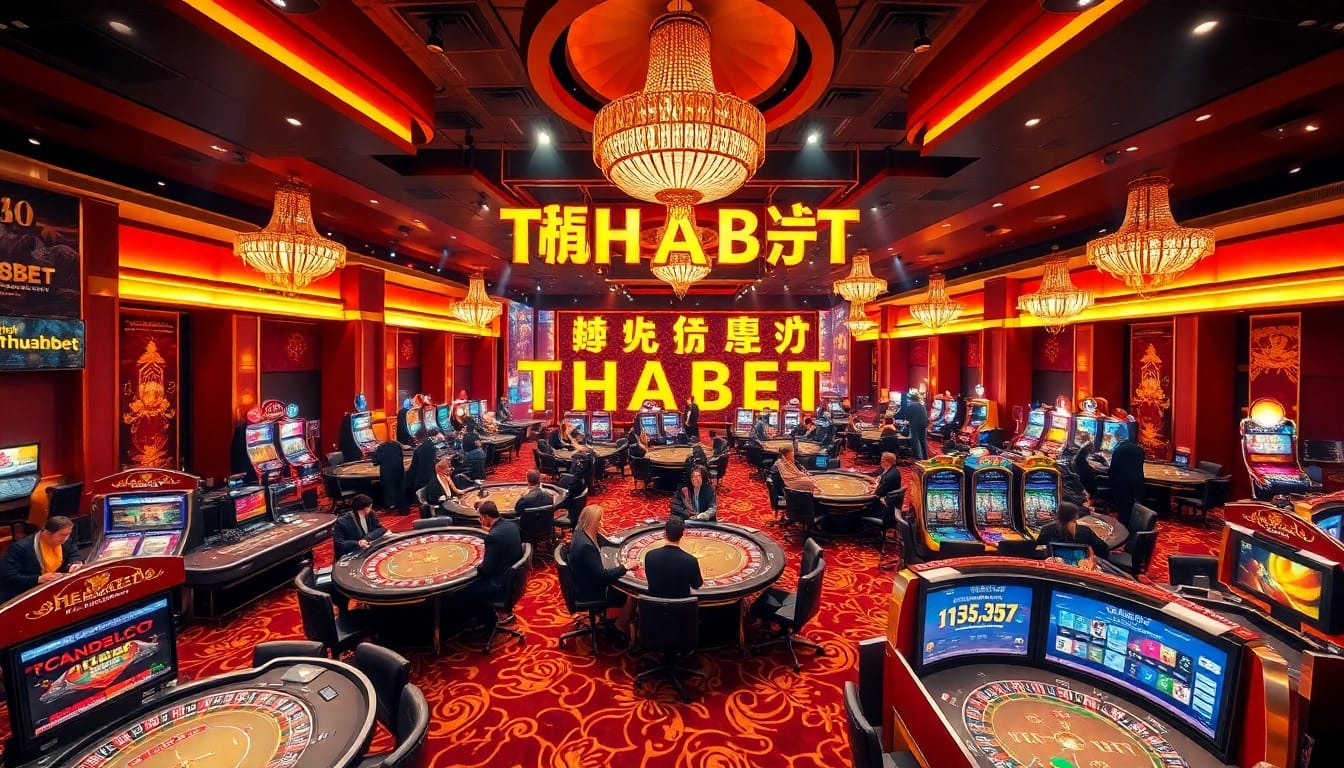 Players enjoying a thrilling gaming experience at THABET casino with vibrant tables and slot machines.