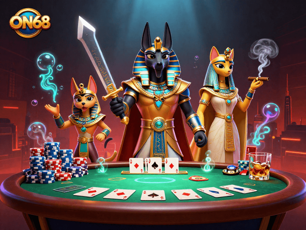 Engage in thrilling gameplay at ON68 with a dynamic casino scene featuring Anubis and Bastet amidst vibrant poker elements.