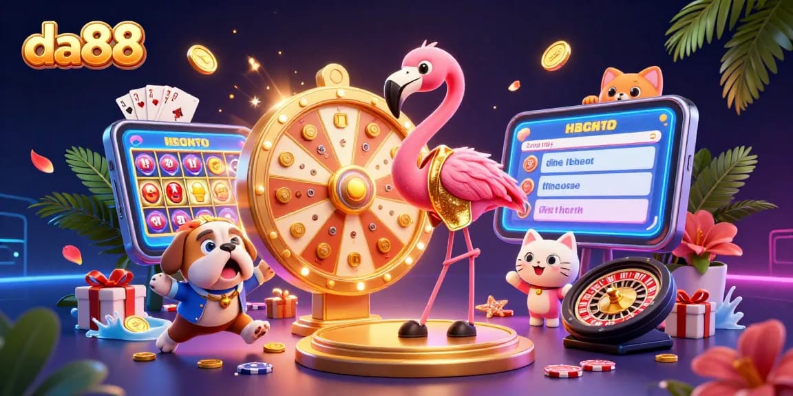 Play with da88’s exciting slot games, featuring colorful reels and vibrant casino elements.