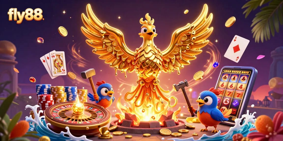 Experience thrilling gaming at fly88 as golden coins and exciting casino elements come alive in this vibrant illustration.