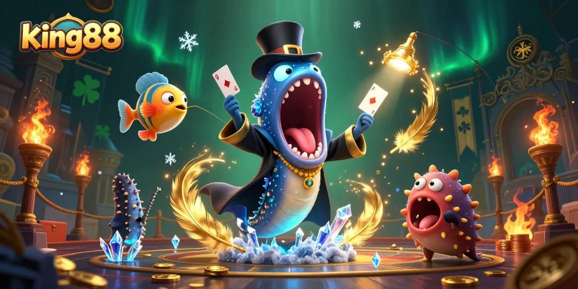 Experience thrilling casino magic at king88 with vibrant characters performing card tricks under dramatic lighting.
