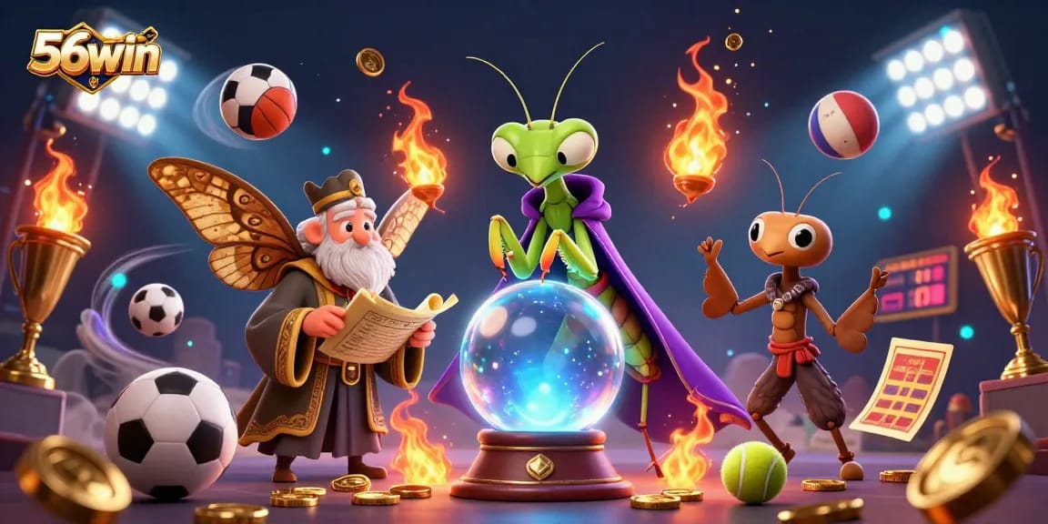 Engage with 56win's thrilling betting scene featuring a praying mantis fortune teller and vibrant sports elements.