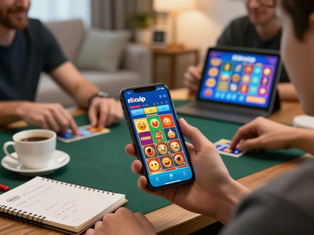 Engaged player using the rikvip app on their smartphone in a cozy gaming setup.