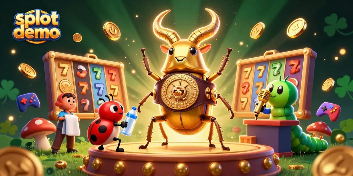 Slot demo dengan karakter ceria bertarung, dikelilingi mesin slot dan elemen permainan lainnya