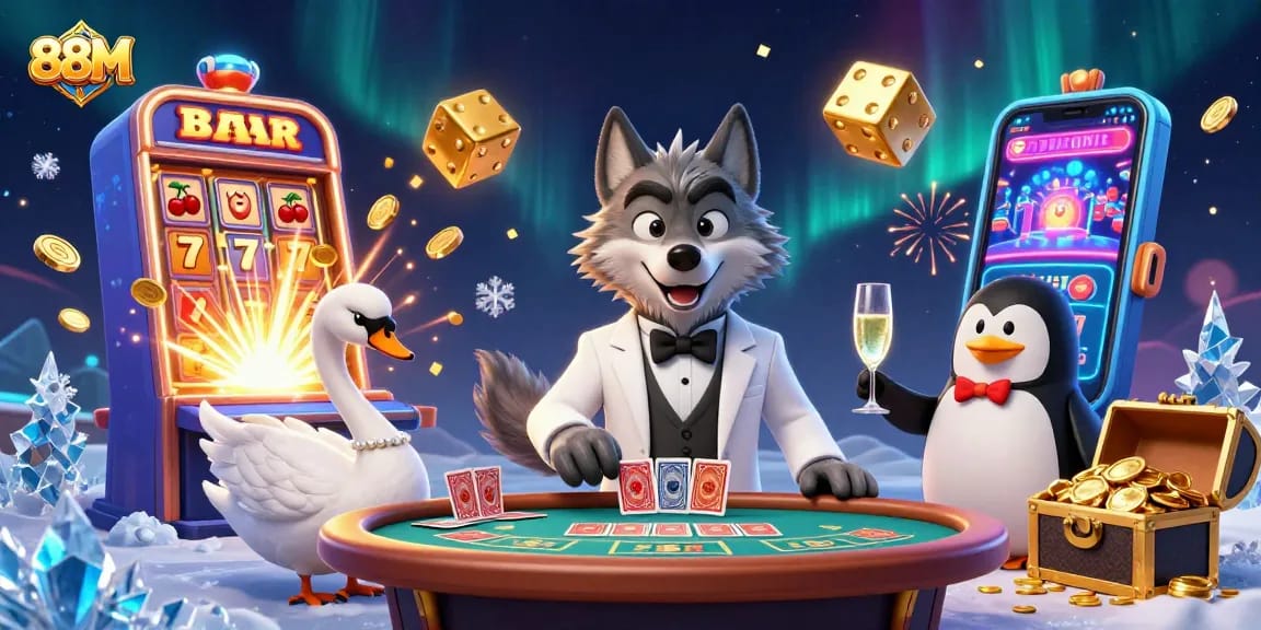 Experience the thrill of 88M with a vibrant 3D digital casino scene featuring animated characters and jackpot explosions.