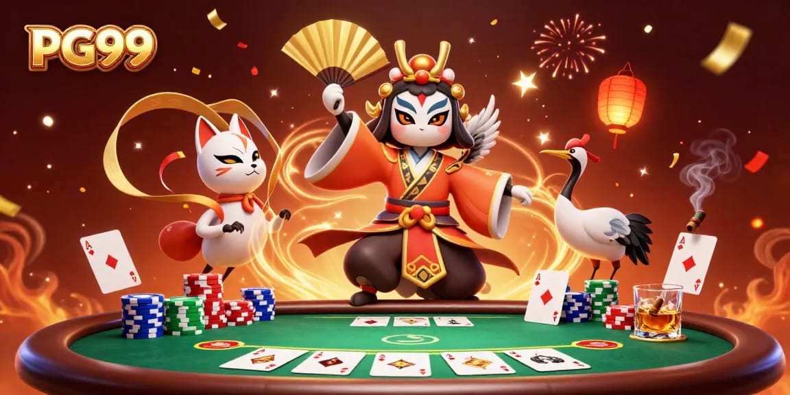 Experience thrilling gaming action at PG99 with lively poker and vibrant characters