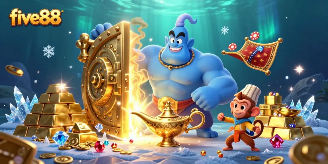 Experience thrilling wins at five88 under the magical scene of a genie and poker chips.