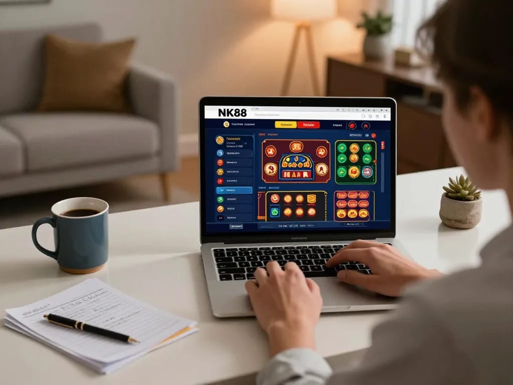 Experience high-stakes gaming with NK88 web on a sleek laptop in a cozy home setting.