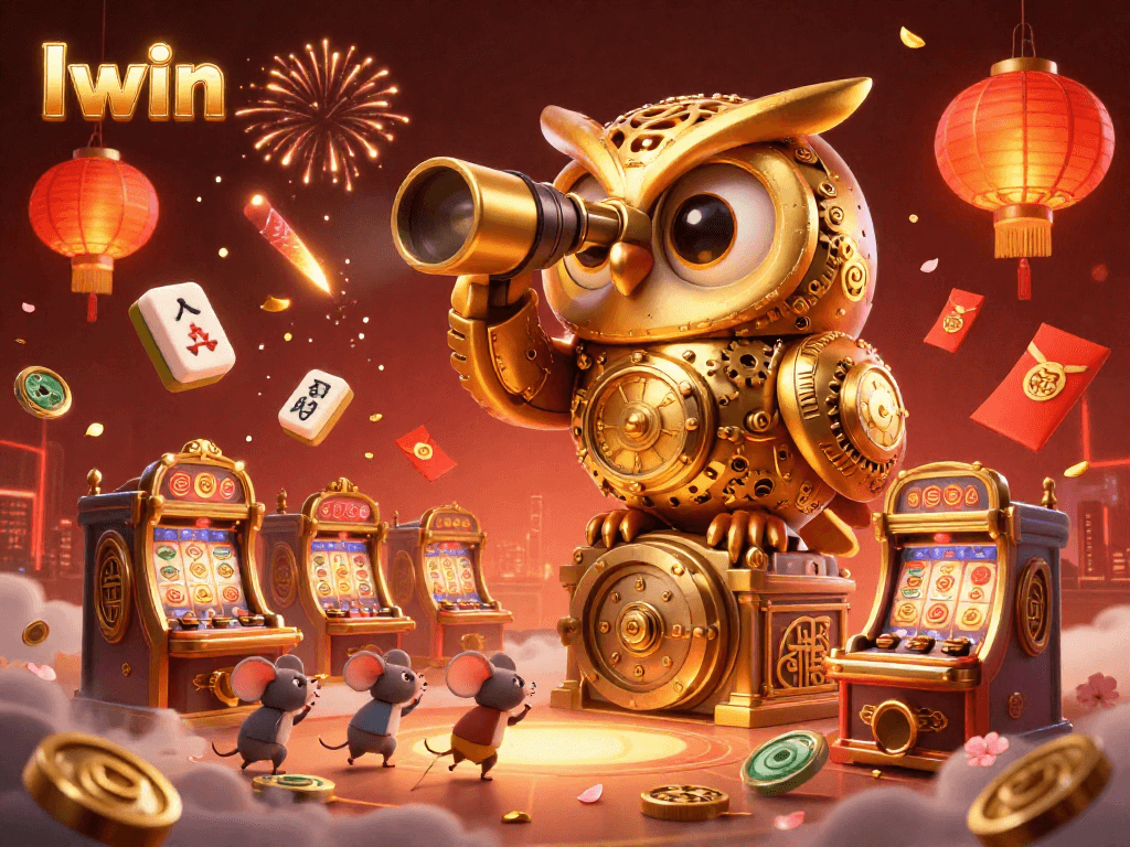 Iwin illuminates a vibrant casino scene featuring a golden owl and charming mouse patrons.