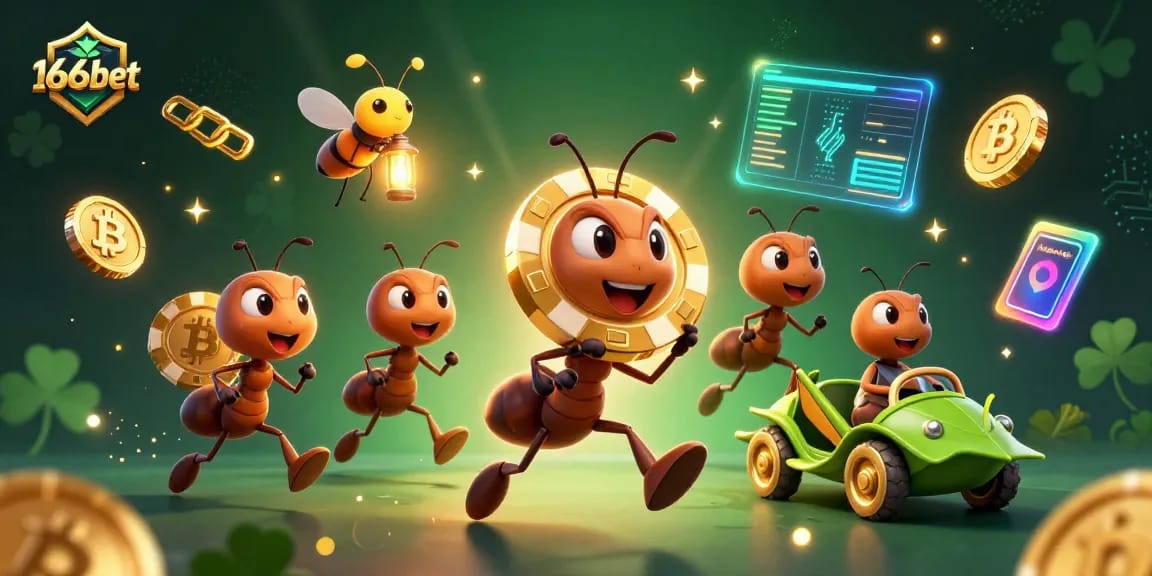 Engage with 166bet's thrilling gaming adventure featuring a heist scene with cartoon ants and crypto elements.