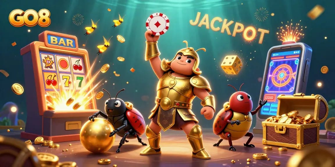 Experience GO8 gaming excitement with hercules beetle and jackpot treasures in a vibrant casino scene.