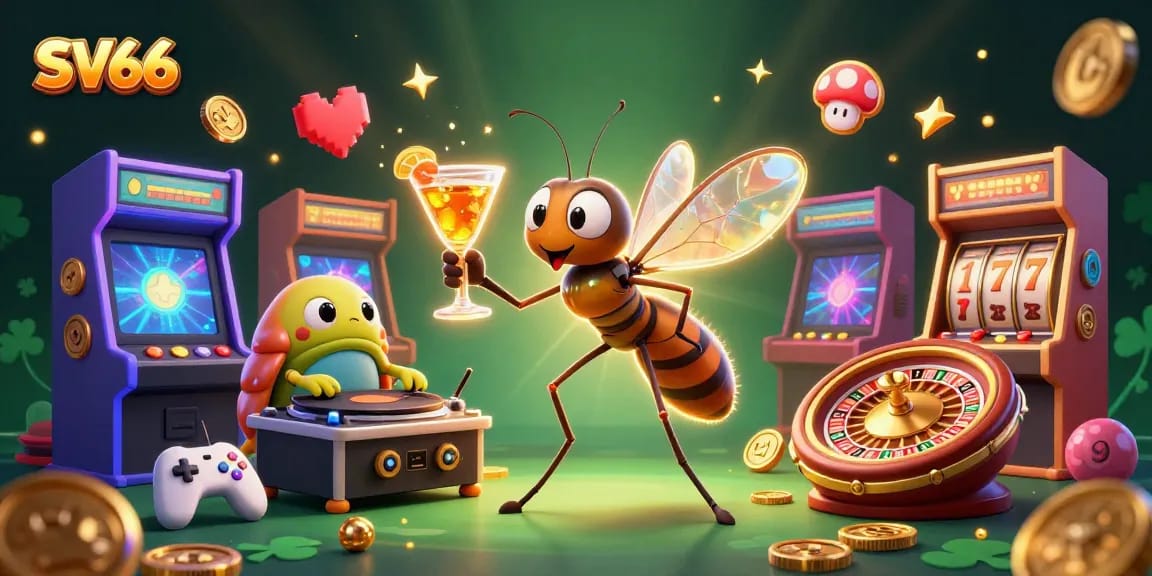 Engage with SV66's dynamic casino experience featuring a lively mascot, trilobite DJ, and vibrant game elements.