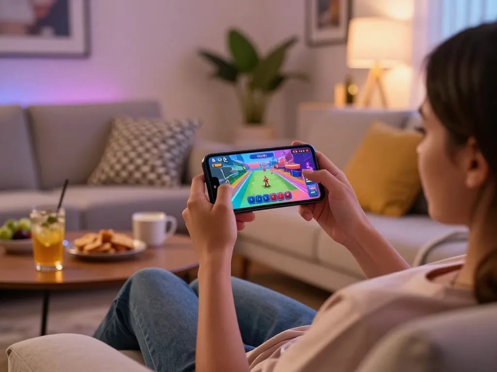 Player immersed in a mobile porn game, enjoying a cozy gaming atmosphere with vibrant graphics.