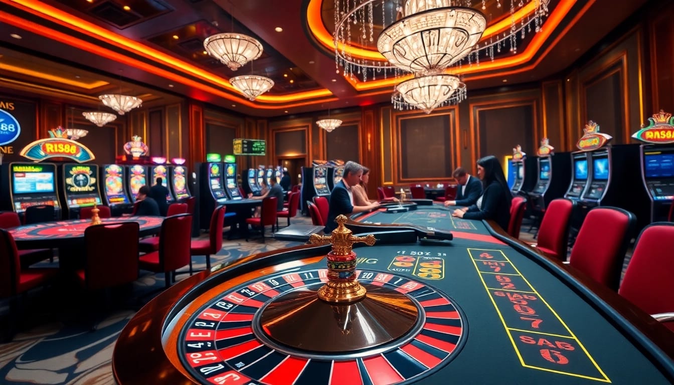 Experience the thrilling gameplay at RR88 with a vibrant casino scene featuring roulette and poker.