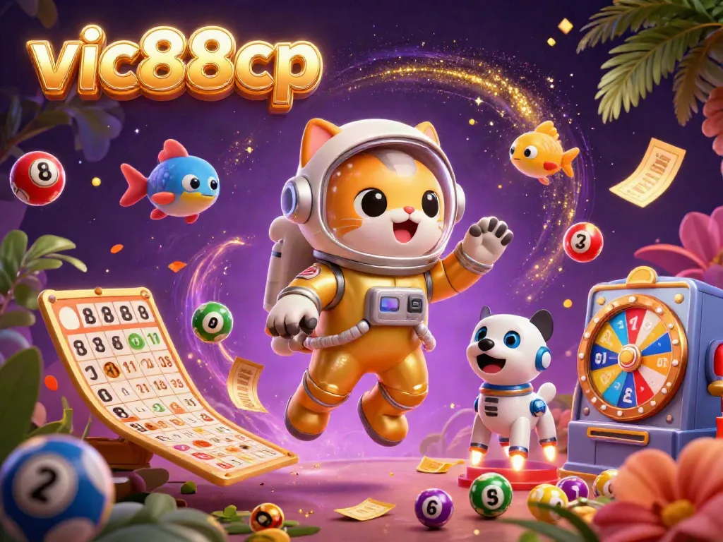 Engage with vic88cp's vibrant online lottery experience, featuring colorful elements in a dynamic casino atmosphere.