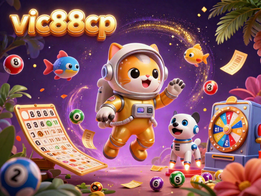 Engage with vic88cp's vibrant online lottery experience, featuring colorful elements in a dynamic casino atmosphere.