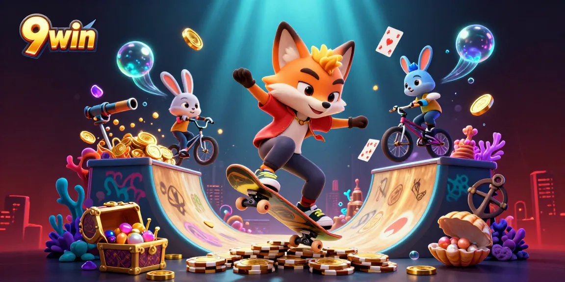 Experience the thrill of 9 win with a vibrant 3D casino exploration featuring dynamic characters and symbols.