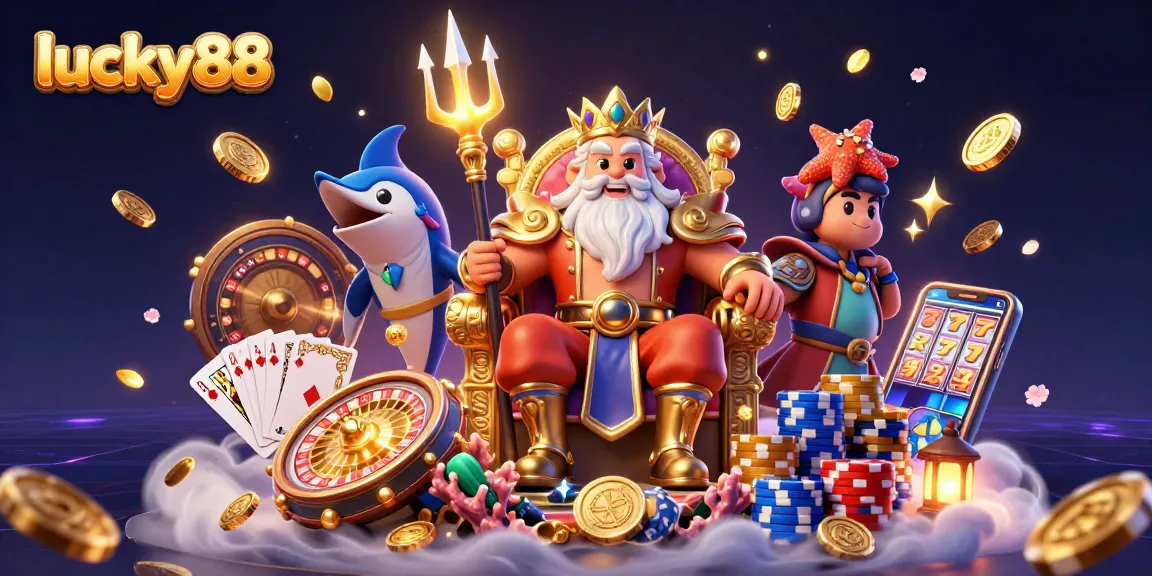 Experience the excitement of lucky88 with a vibrant casino scene featuring Neptune and treasures.