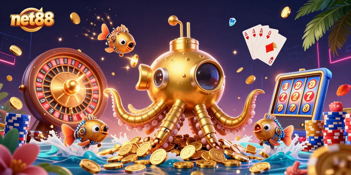 Play and win big at net88 with this thrilling 3D casino adventure illustration featuring a golden kraken and roulette!