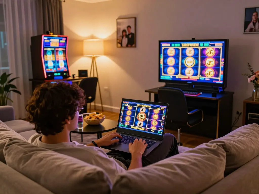 Engaging in online slots via gk888 on a cozy couch with vibrant screens.