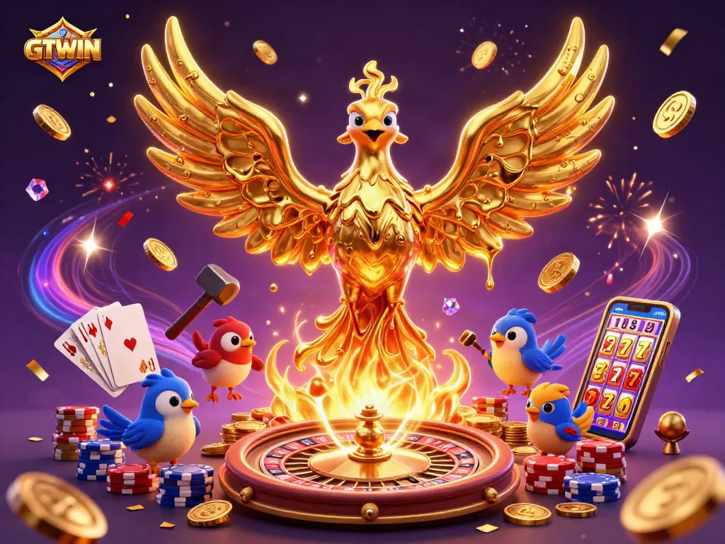 Win big with GTWIN's thrilling casino experience featuring golden phoenix and vibrant game elements.