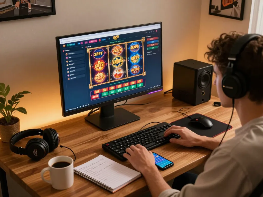 Engaged player gaming on 22ff.br.com with interactive slots and live dealer games in a cozy setup.