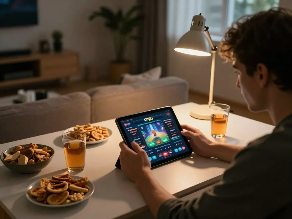 Engaging online gaming session on king33 with a tablet in a cozy living room atmosphere