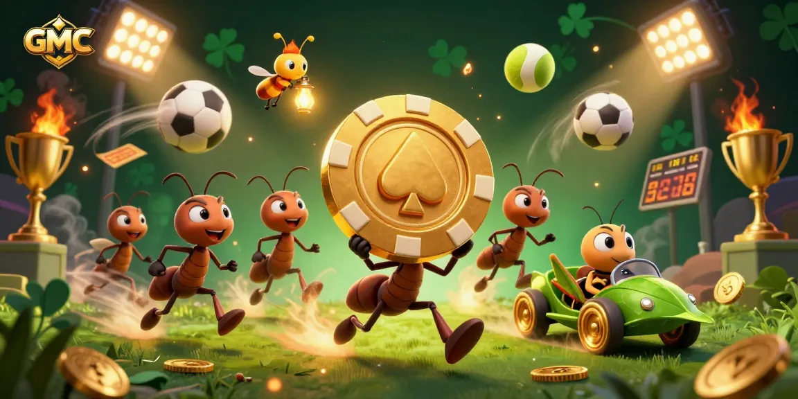 GMNC portrays an adventurous heist with ants, showcasing vibrant casino elements and dynamic sports action.