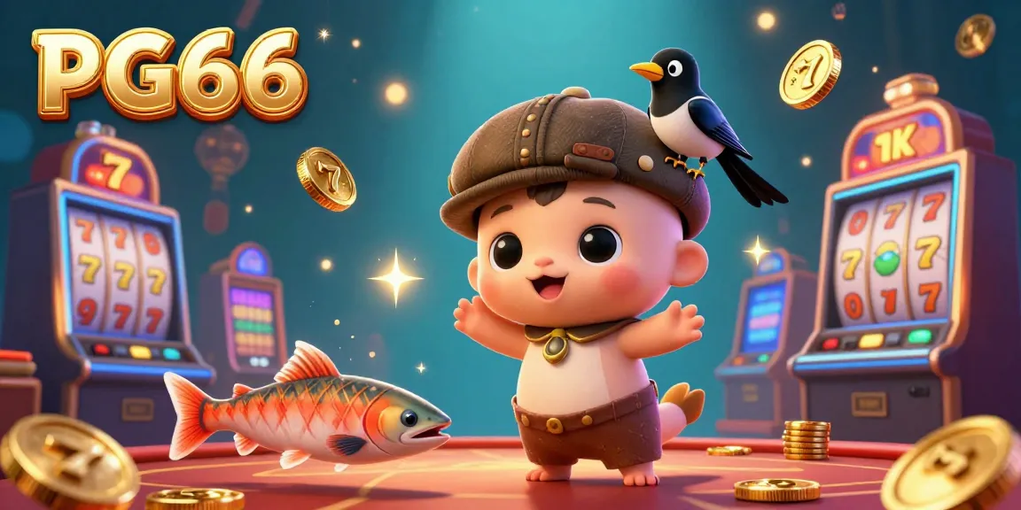 Experience the playful PG66 casino world with 3D cartoon characters, slot themes, and sparkling gold elements.