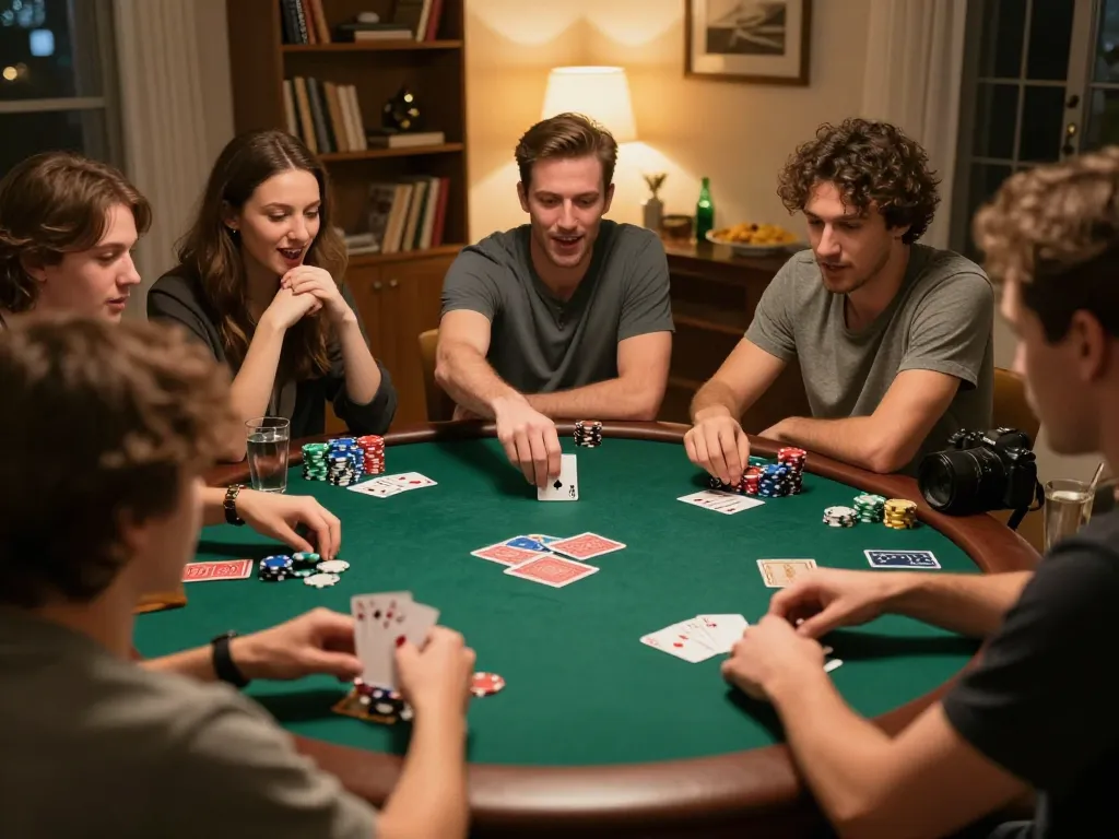 Friends enjoying a poker night at home, showcasing the strategic gameplay with chips and cards in action at 7me