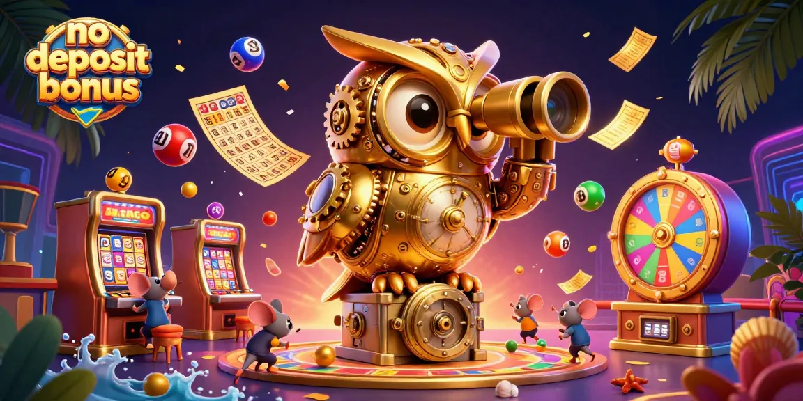 Engage with the no deposit bonus in this vibrant 3D casino illustration, showcasing dynamic elements and lively characters.