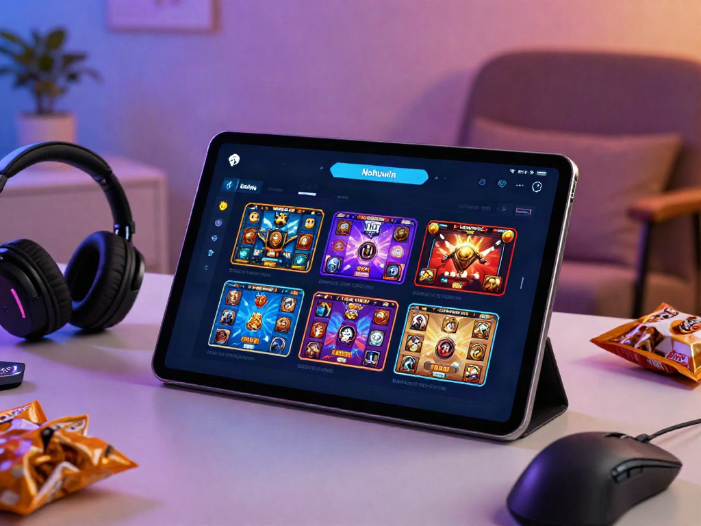Nohuwin online gaming interface displayed on tablet in cozy room