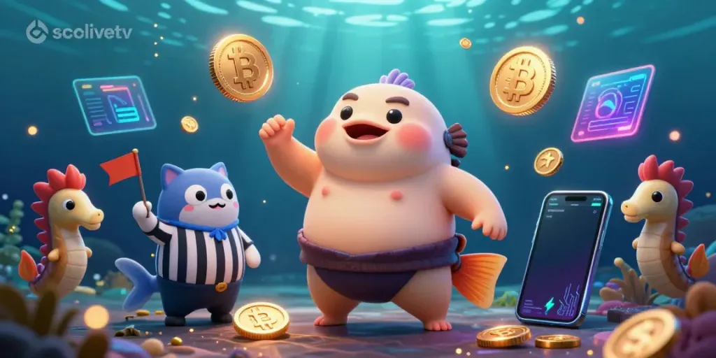 Socolivetv showcases a cartoon fugu in an underwater ring, surrounded by blockchain elements in a vibrant scene.
