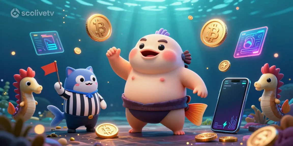 Socolivetv showcases a cartoon fugu in an underwater ring, surrounded by blockchain elements in a vibrant scene.