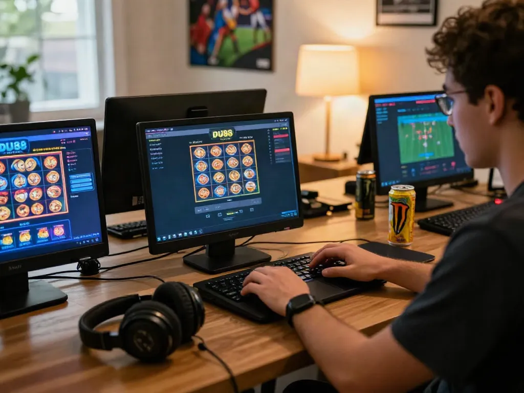 Player enjoying DU88 online gambling at a stylish desk setup with vibrant games on screen.
