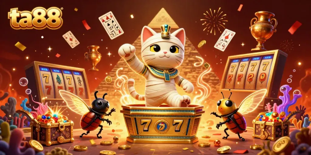 Join the excitement at ta88 with our dazzling pyramid casino illustration featuring iconic slot elements.
