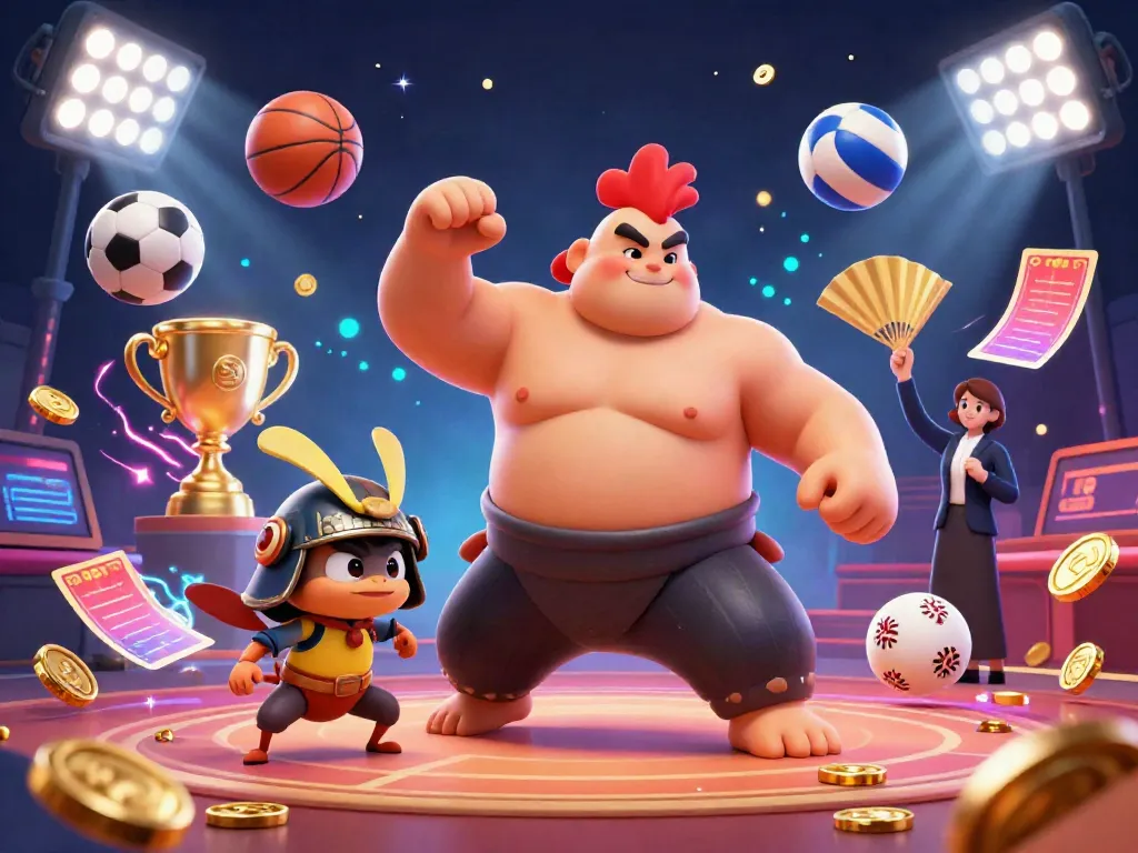 Catch the excitement at red88 casino featuring sumo wrestler rooster and cricket in a vibrant betting scene.