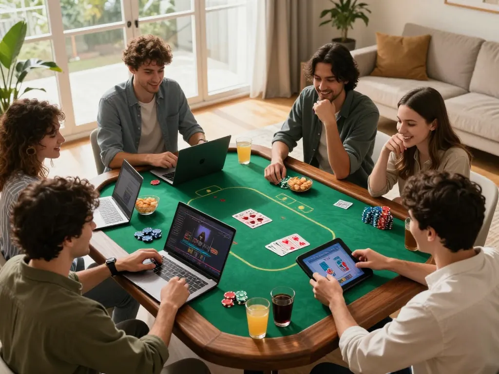 Cwin users enjoying an exciting online poker game night with friends in a cozy home setting.